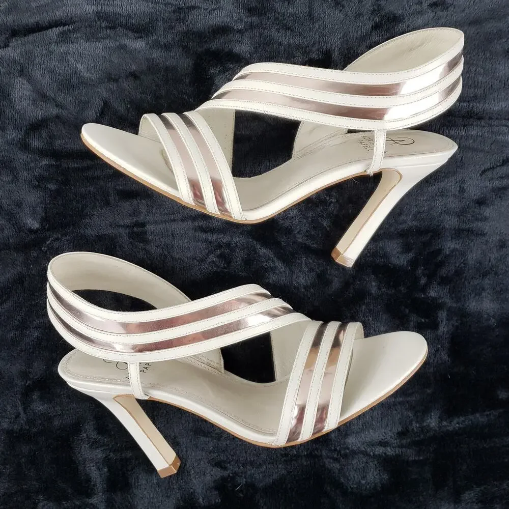 Adrianna Papell Edison Heel 6.5M Strappy Cream Leather Rose Gold Metallic Stripe